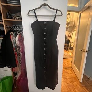Black Jean Button-Front Midi Dress with Spaghetti Straps